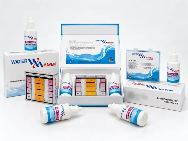Water Maven iron colorimetric test kit: box, reagent bottles and colour comparator