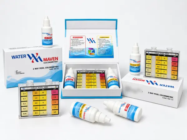 Water Maven three-way pool colorimetric test kit: box, reagent bottles and comparator